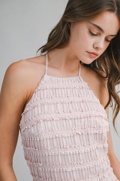 SMOCKED TIERED HALTER BODICE MIDI DRESS