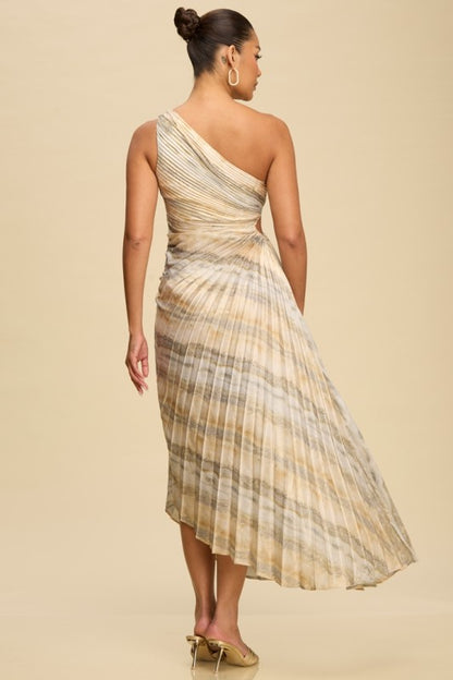 METALLIC PLEATED ONE SHOULDER MAXI PARTY DRESS