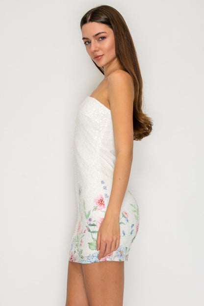 BEADED FLORAL HEM MINI PARTY DRESS