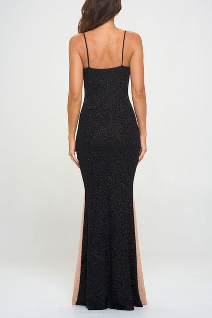 GLITTER RUCHED DOUBLE BACK STRAP MAXI DRESS