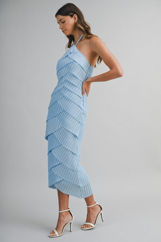 PLEATED HALTER LAYERED DIAGONAL RUFFLE MIDI DRESS