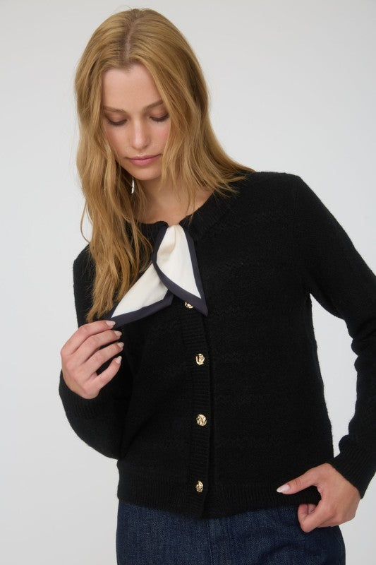 SCARF NECK DETAIL BUTTON DOWN KNIT CARDIGAN