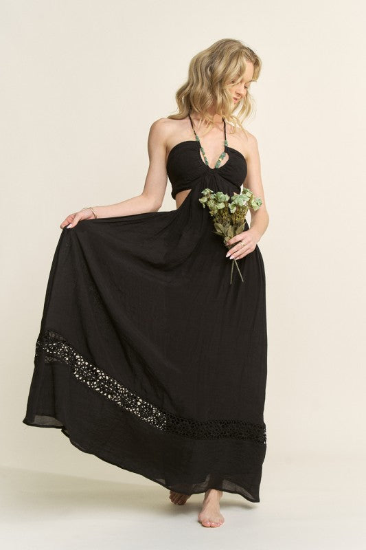 STONE BEAD HALTER STRAP CUTOUT MAXI DRESS