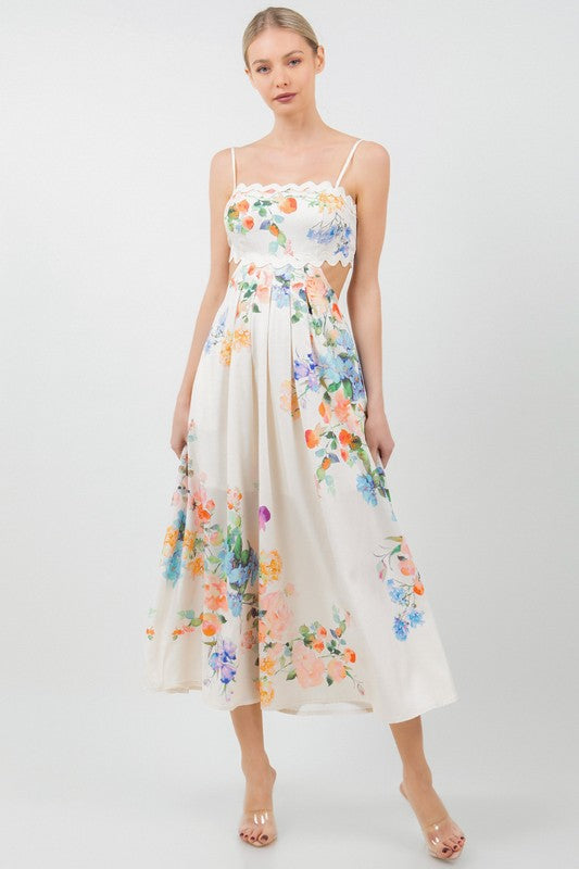 FLORAL PRINTED CUT OUT MIDI DRESS