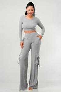 2 PIECES SET LONG SLEEVE TOP AND WIDE LEG CARGO PANTS SET