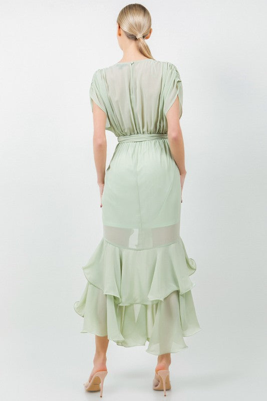 SOLID TIE WAIST RUFFLE MIDI DRESS