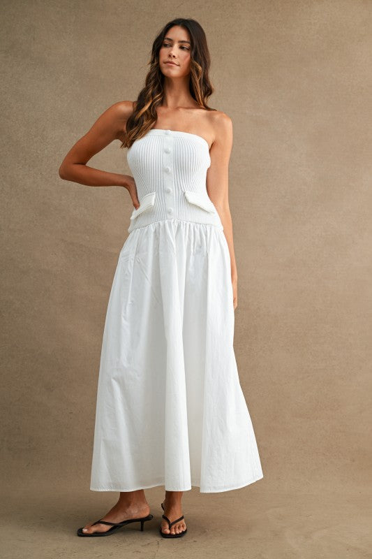 STRAPLESS RIBBED KNIT BODICE POPLIN MIX MAXI DRESS