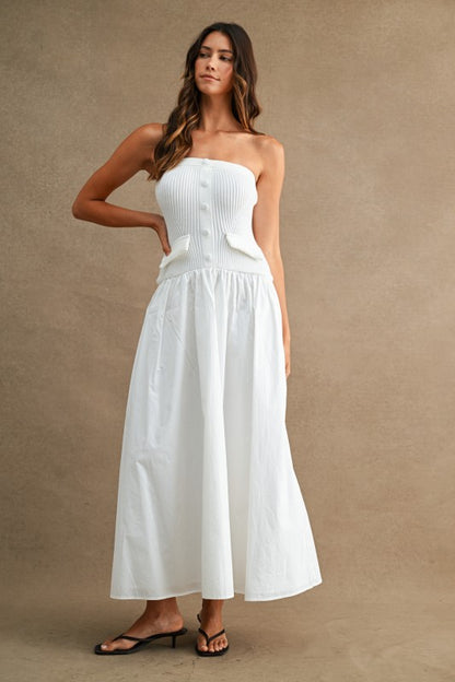 STRAPLESS RIBBED KNIT BODICE POPLIN MIX MAXI DRESS
