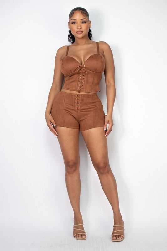 Lace-Up Padded Velour Crop Top And Shorts Set