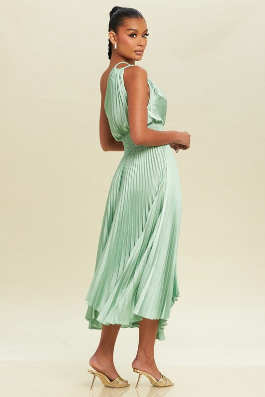 OFF SHOULDER PLEATED MIDI DRESS