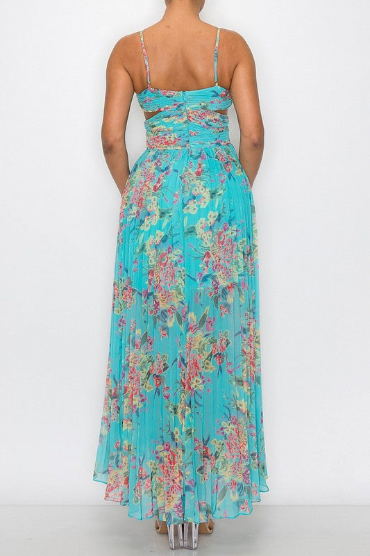 FLORAL PRINT SLEEVELESS PLEATED MAXI DRESSES