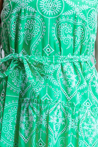 BELTED EMBROIDERED MIDI DRESS