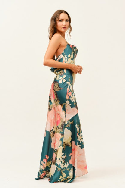 FLORAL SATIN HALTER MAXI DRESS