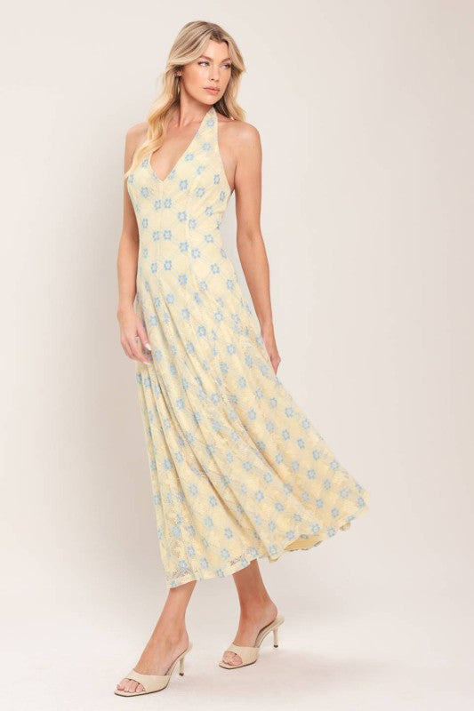 WOVEN LACE PRINTED MIDI SUMMER DRESS