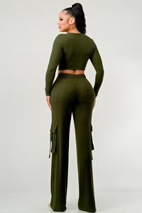 2 PIECES SET LONG SLEEVE TOP AND WIDE LEG CARGO PANTS SET