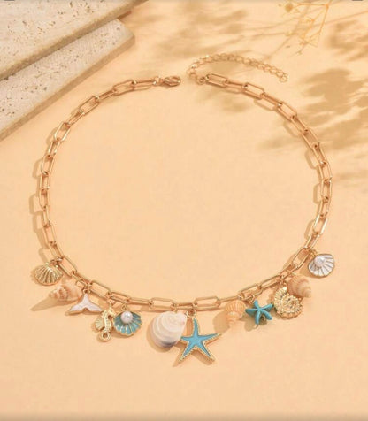 OCEAN STYLE PENDANT NECKLACE WITH SEA CHARMS & EARRINGS SET