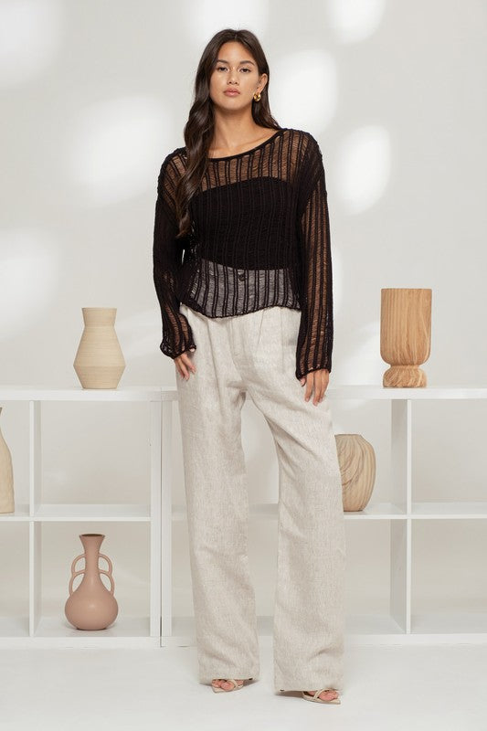 SHEER CROCHET LADDER KNIT PULLOVER SWEATER