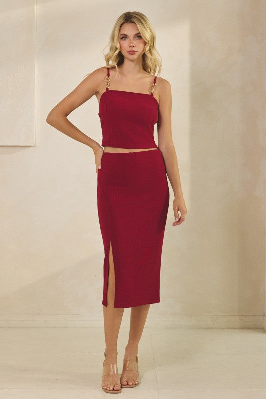 TEXTURES JERSEY GOLD CHAIN STRAPPED CROP TOP AND PANTS SET