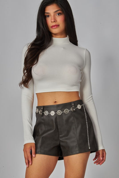 FAUX LEATHER STUDDED MICRO SHORTS WITH LEATHER BELT