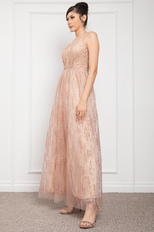 DEEP V NECK SPAGHETTI STRAP SEQUINED MAXI COCKTAIL DRESS