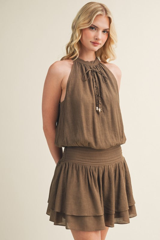 FRONT LACE UP HALTER MINI DRESS