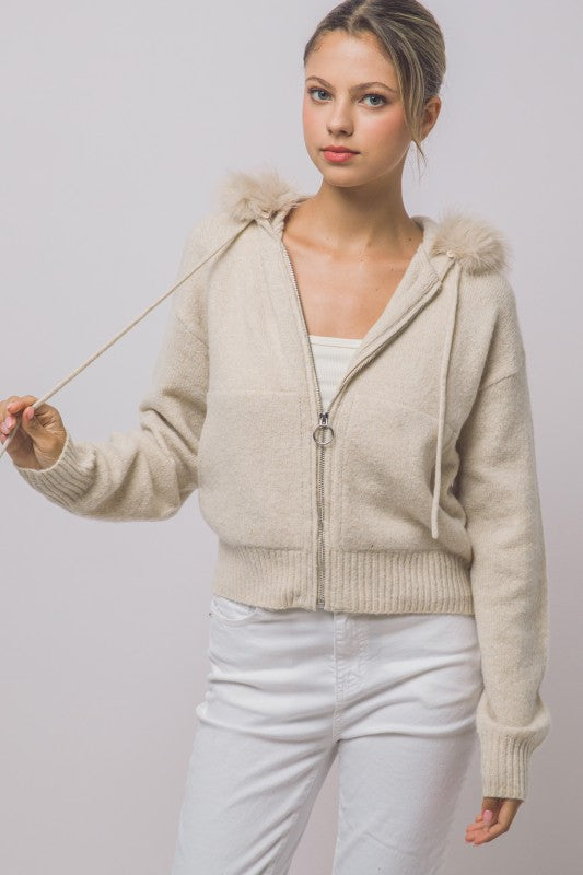 REMOVABLE FAUX FUR TRIM HOODED CARDIGAN