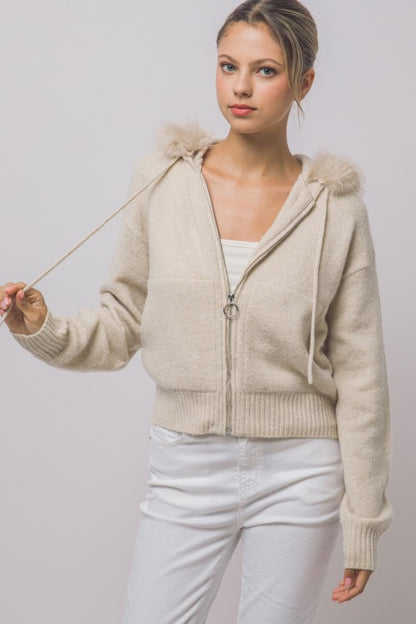 REMOVABLE FAUX FUR TRIM HOODED CARDIGAN