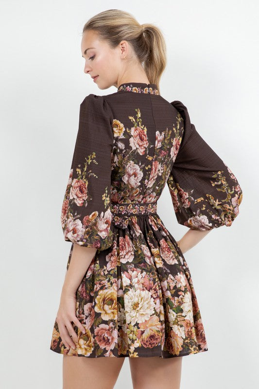 FLORAL LONG SLEEVE BELTED MINI DRESS