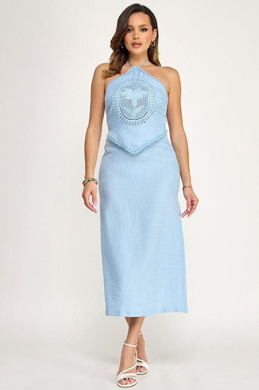 HALTER CROCHET DETAIL MIDI DRESS