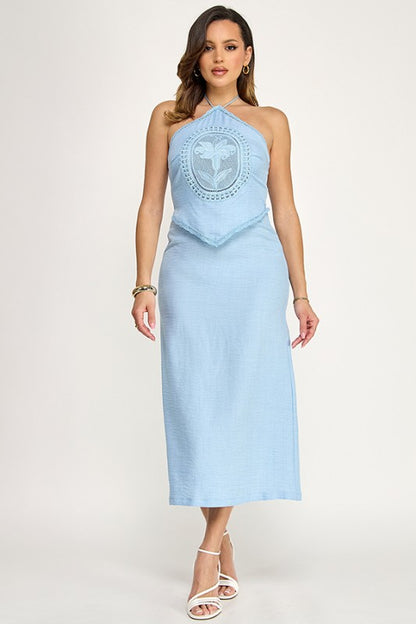 HALTER CROCHET DETAIL MIDI DRESS