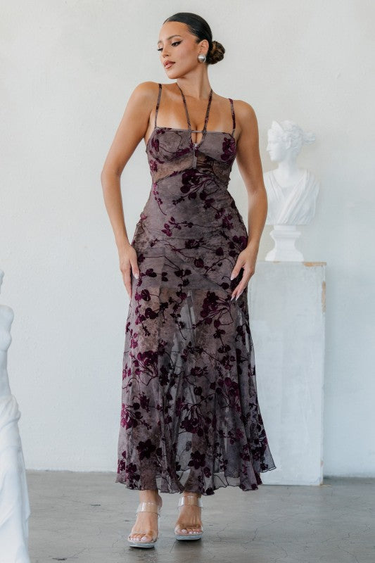MESH FLOCKING MAXI PRINTED DRESS