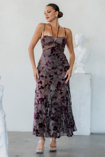 MESH FLOCKING MAXI PRINTED DRESS