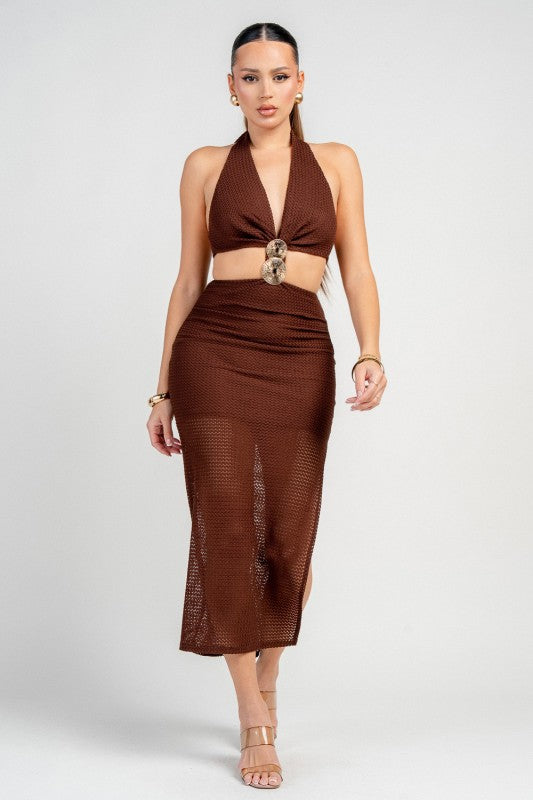 MIDI HALTER NECK DRESS WITH GOLD TRIM