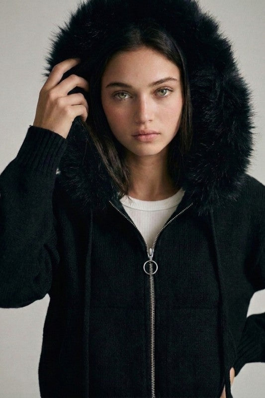 REMOVABLE FAUX FUR TRIM HOODED CARDIGAN