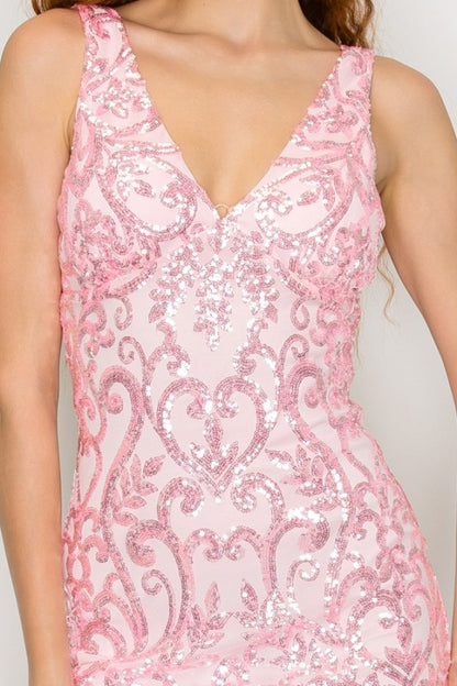 SEQUIN SATIN BOW V NECK MINI PARTY DRESS