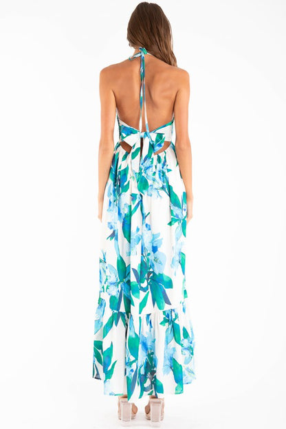 FLOWER PRINT HALTER NECK OPEN BACK TIE MIDI DRESS