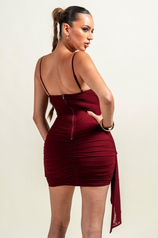 LUXE MESH CROSS BODY DRAP RUCHED MINI DRESS