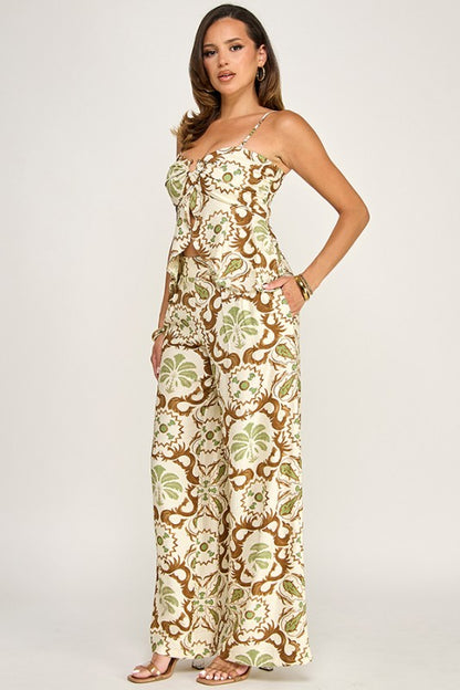 PRINTED BUST CUT BANDEAU TOP AND PANTS SET
