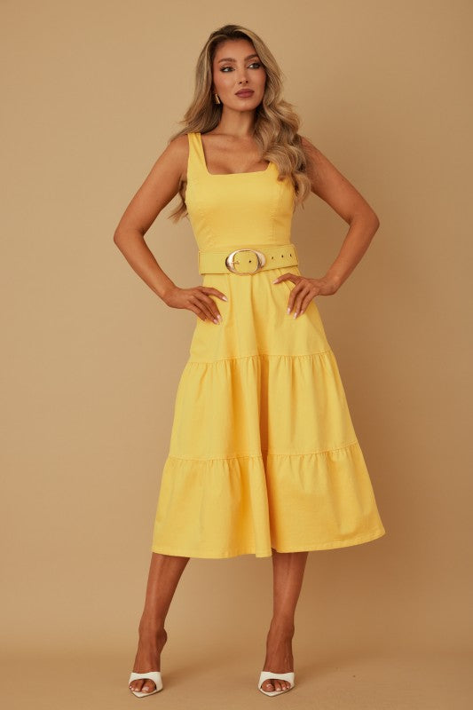 DENIM BELTED MIDI DRESS