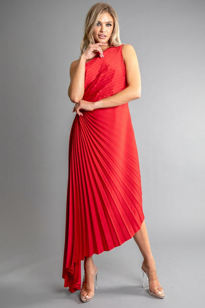 SOLID RUCHED PLEATED ONE SHOULDER HI LOW DRESS