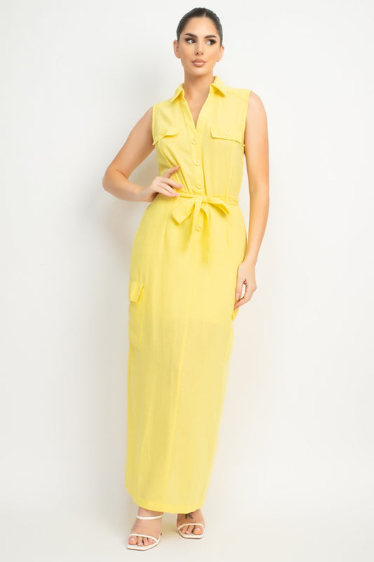 BELTED COLLARED SLIT MAXI DRESS