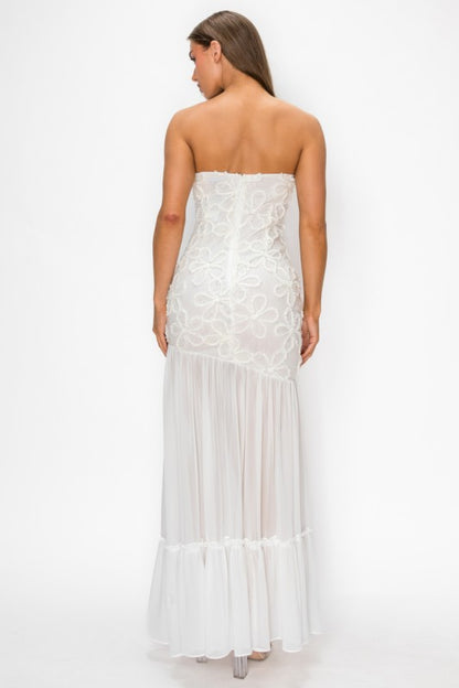 3D FLORAL LACE TUBE MESH DROPPED MAXI DRESS