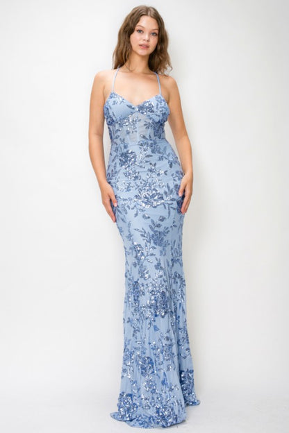 FLORAL SEQUIN MERMAID MAXI COCKTAIL DRESS