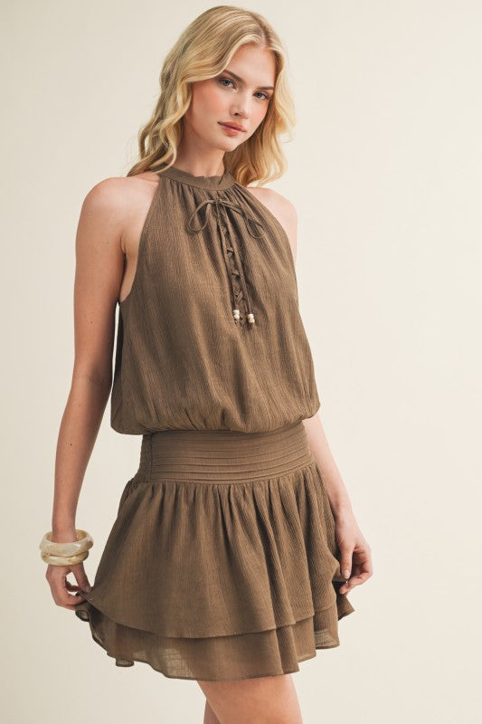 FRONT LACE UP HALTER MINI DRESS