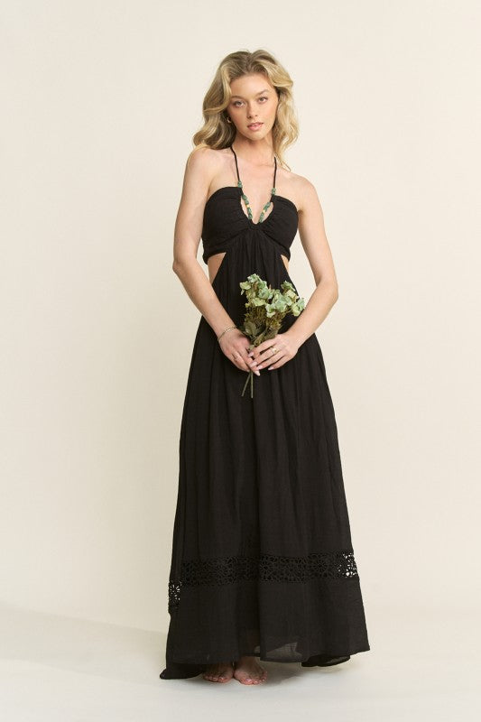 STONE BEAD HALTER STRAP CUTOUT MAXI DRESS
