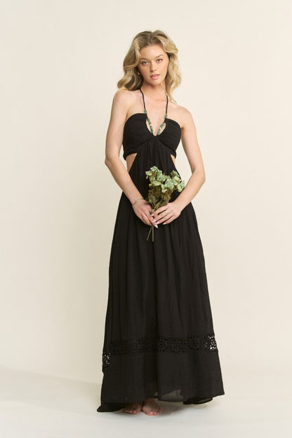 STONE BEAD HALTER STRAP CUTOUT MAXI DRESS