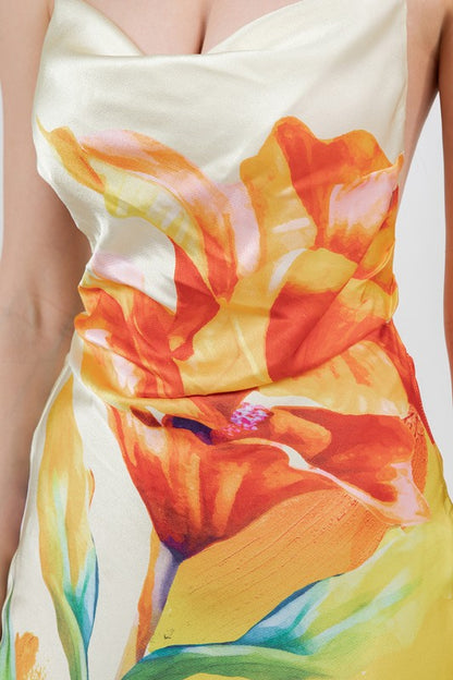 FLORAL PRINTED COWL NECK MAXI SATIN DRESS