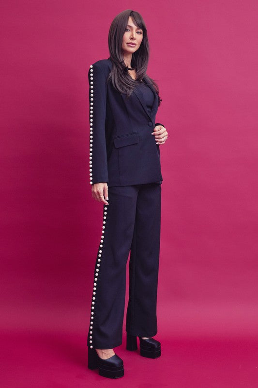 3PCS TOP PANTS AND BLAZER SET WITH PEARL TRIM