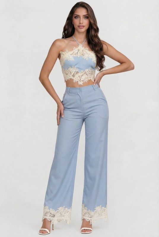 LACE HALTER CROP TOP PANTS SET
