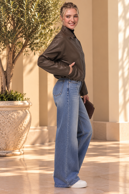 CROPPED FAUX LEAHER BOMBER JACKET